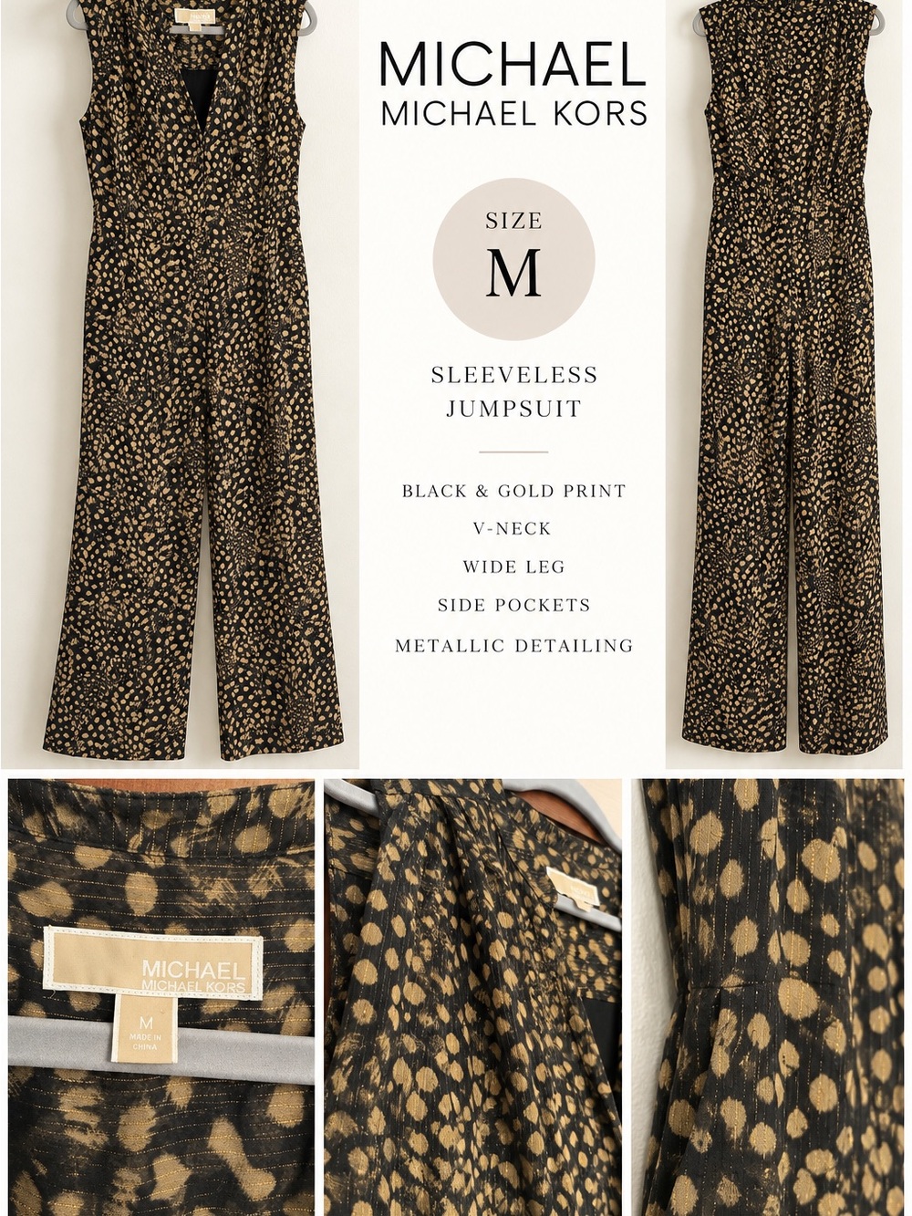 Michael Kors Black with Gold Print Sleeveless V-Neck Wide-Leg Jumpsuit